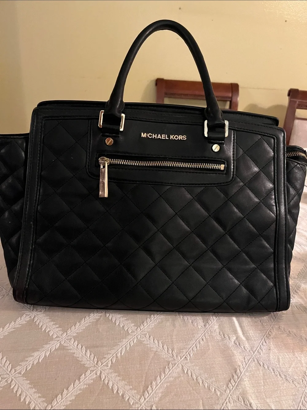 Michael Kors Selma Black Quilted Satchel with Gold Hardware